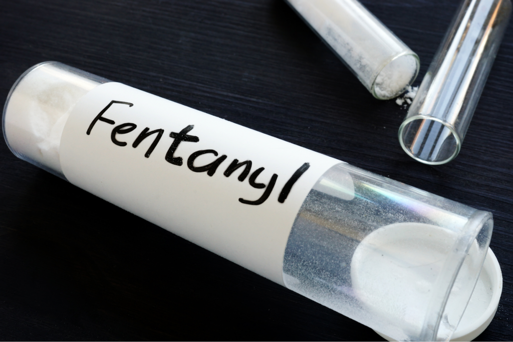 Close up of a tub labelled fentanyl