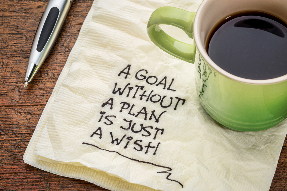A cup of coffee on top of a napkin that reads, “A goal without a plan is just a wish.
