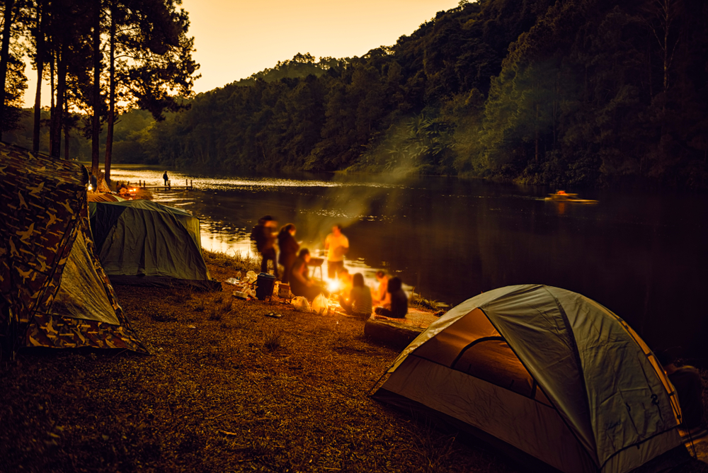 Group of sober friends gathered around a campfire.