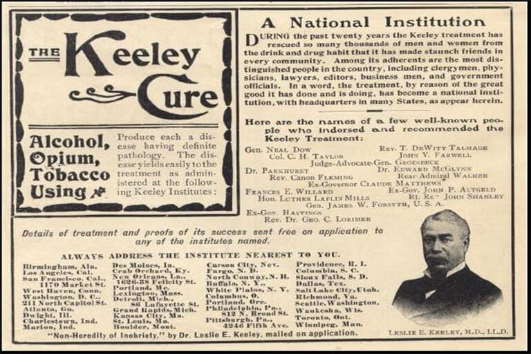 An old advertisement promoting the Keely Cure to treat alcoholism