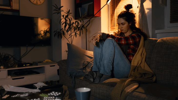 A woman who is unable to sleep sits in a dark living room with pills on the table