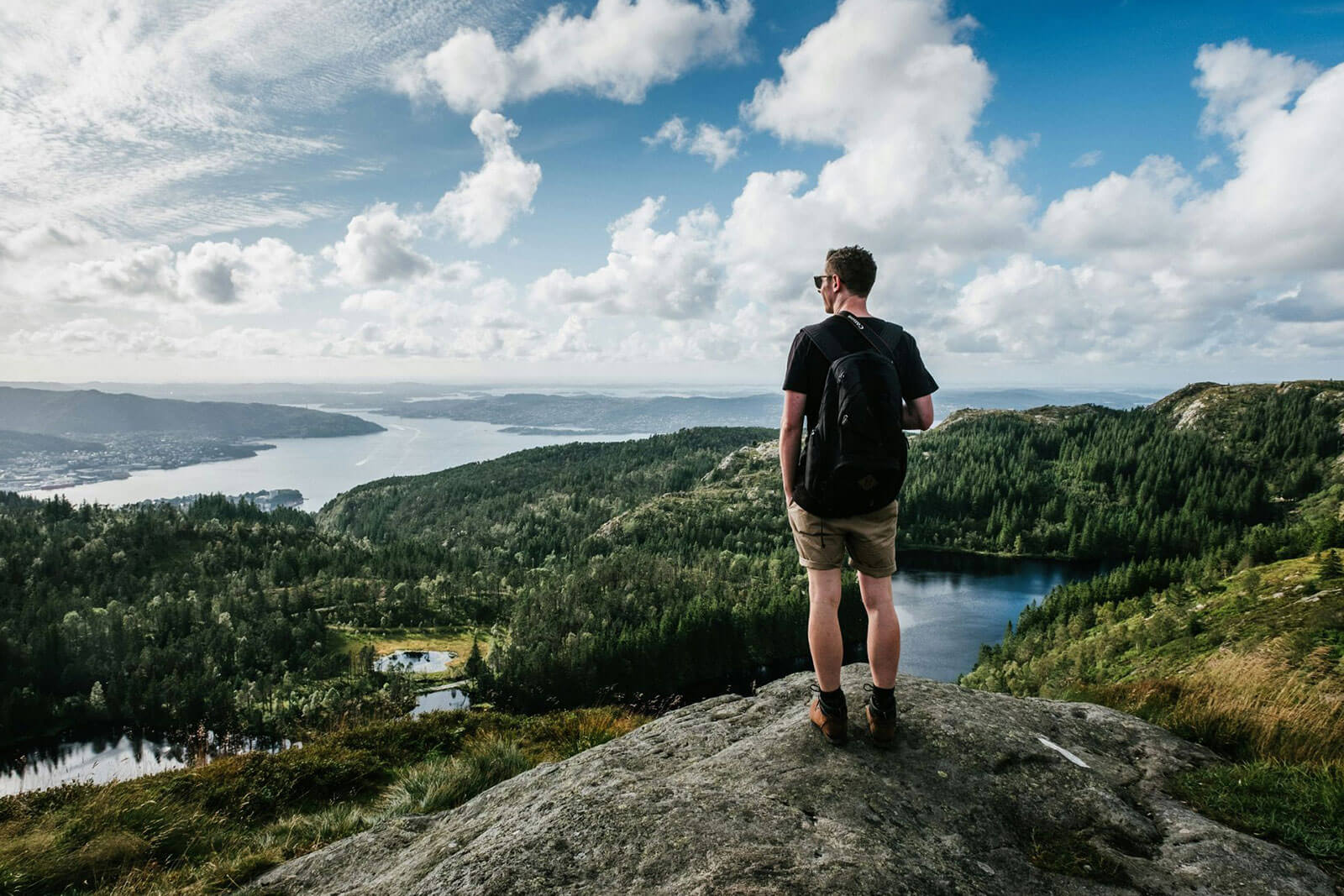 A man looking out over a forest from a mountain