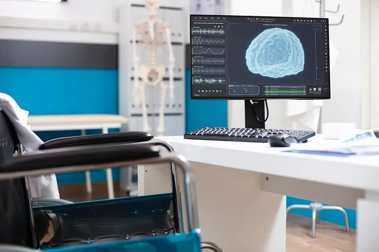 Clinical research showing a brain scan on a computer